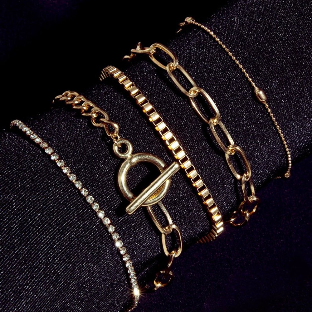 Gold Rhinestone Geometric‎ 5-pcs Bracelet Set - Picture 2 of 5